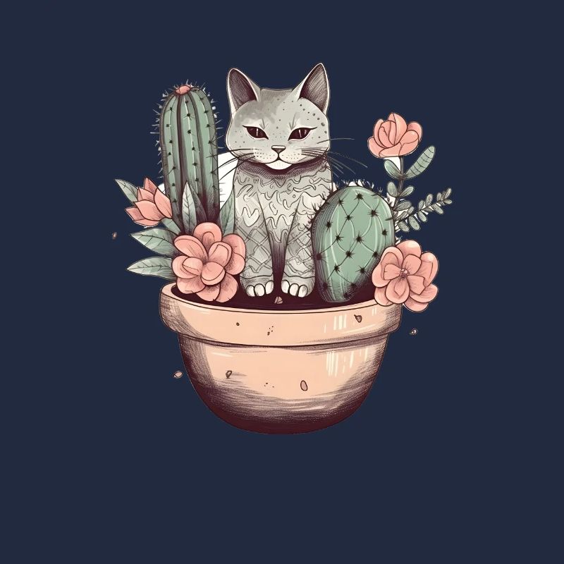 Chat en pot de fleurs avec cactus et fleurs