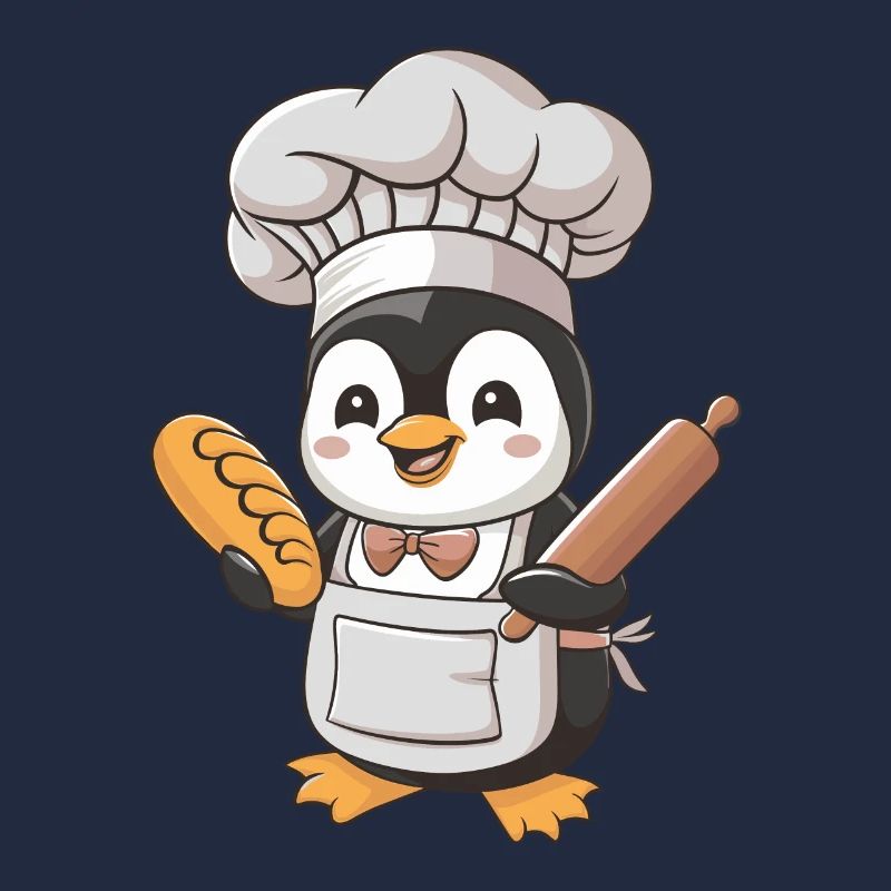 Cute penguin baker with bread and rolling pin