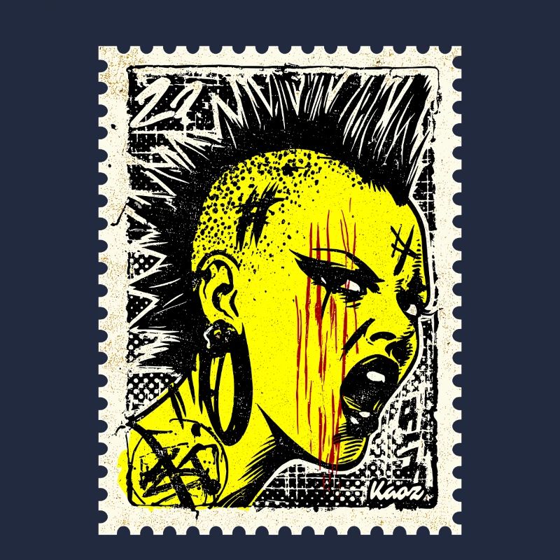 Femme punk sauvage avec mohawk et colère sur timbre-poste
