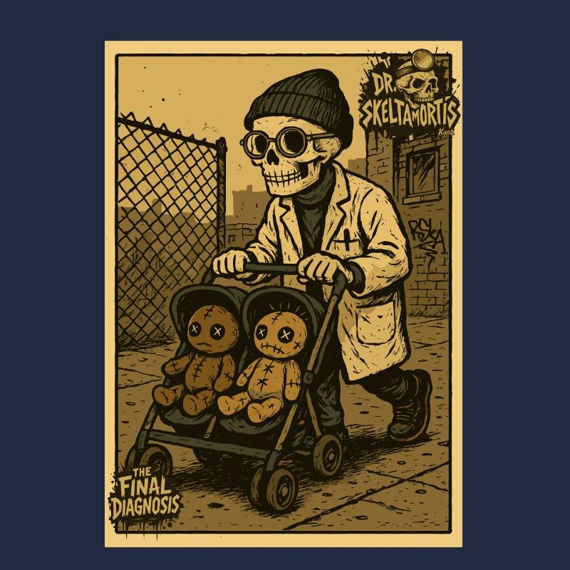Dr Skeltamortis avec des poupées vaudou dans une poussette