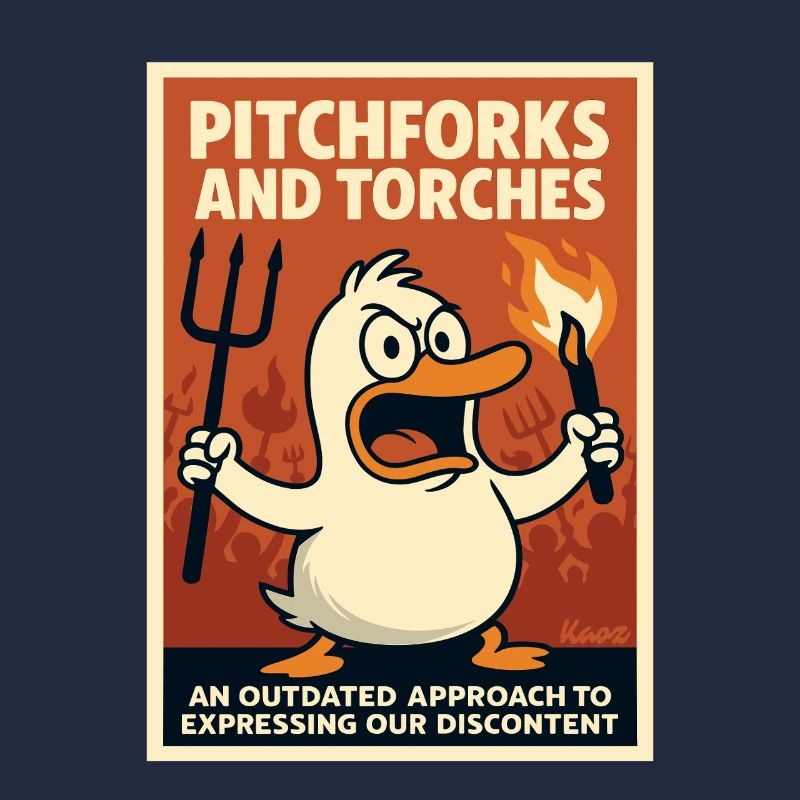 Angry duck with torch and pitchfork