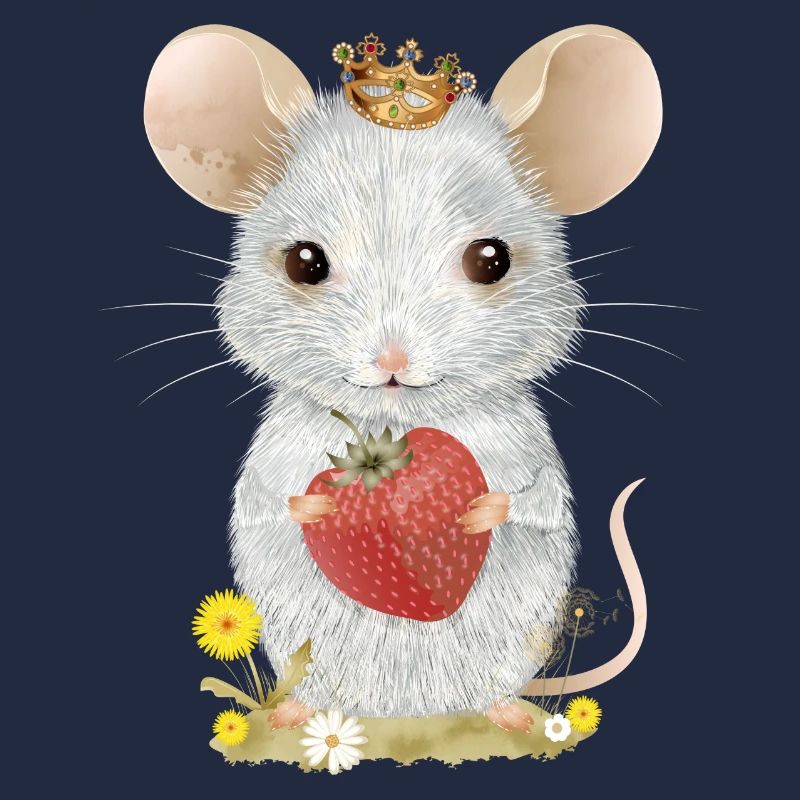 weiße Maus mit Krone,Erdbeere und Löwenzahn Blüten