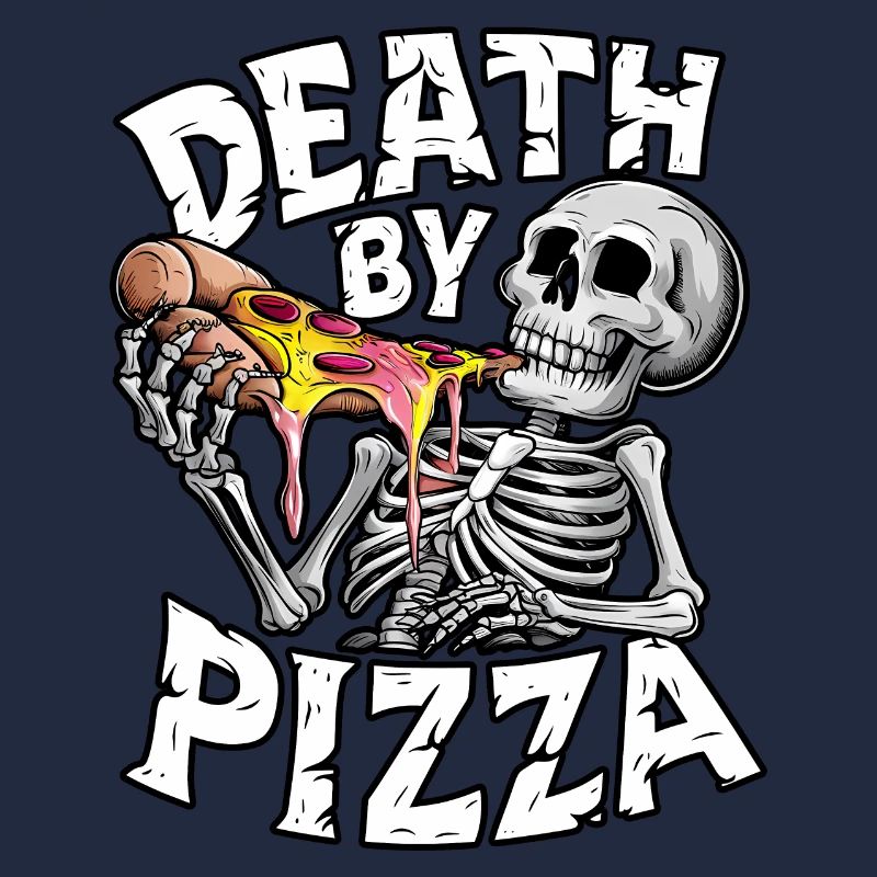 Humorous Skeleton Eating Pizza Graphic Design