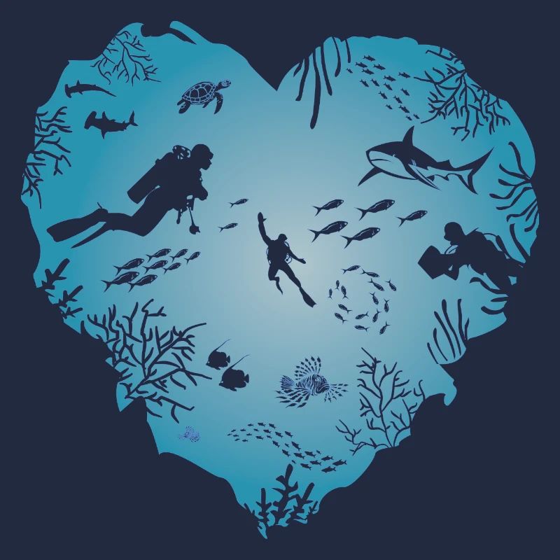 J’aime la plongée, le cœur, le plongeur, le requin
