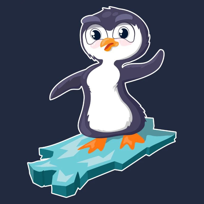 Pinguin surft auf einer Eisscholle