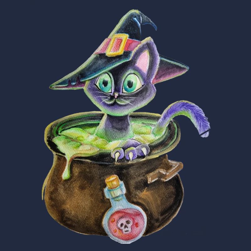 Chat sorcière dans une marmite
