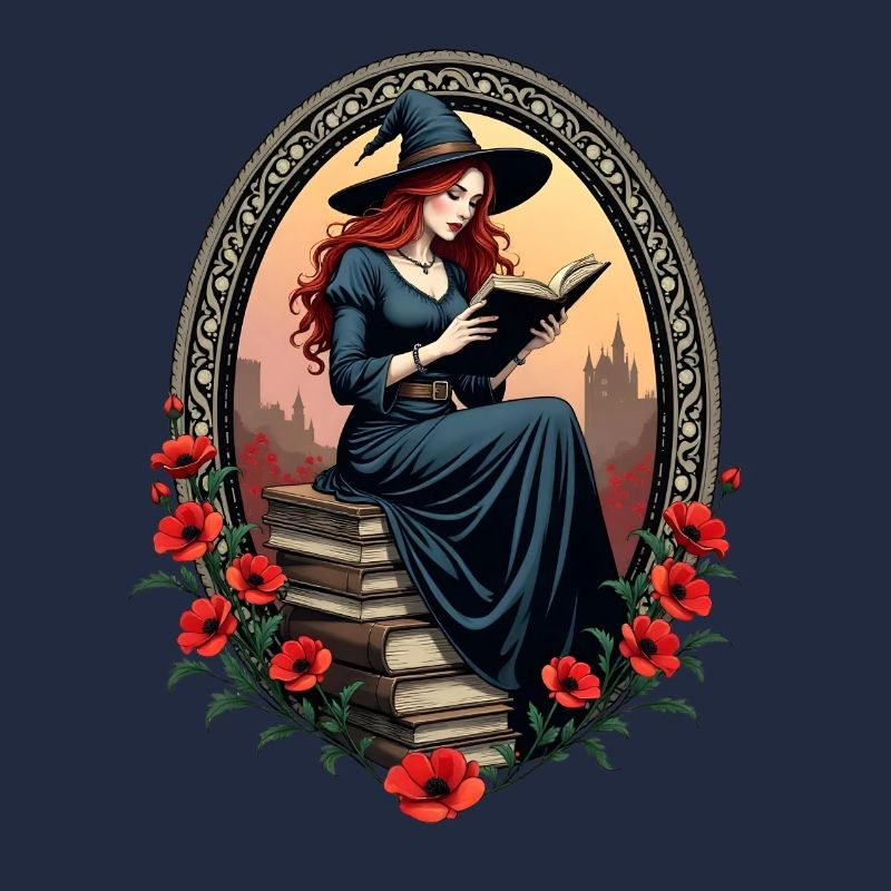 Bücher-Hexe mit Mohnblumen