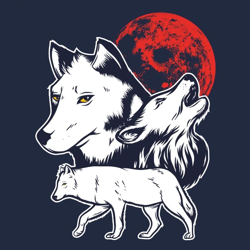 3 Alpha Wolves Blancs Hurlant à la Lune Rouge