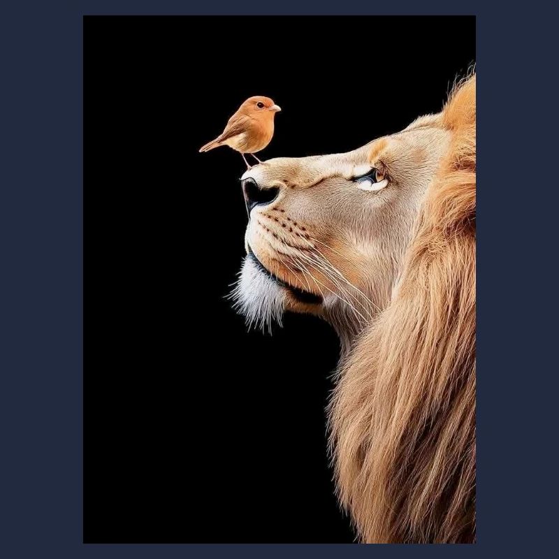 Lion avec un oiseau sur le nez