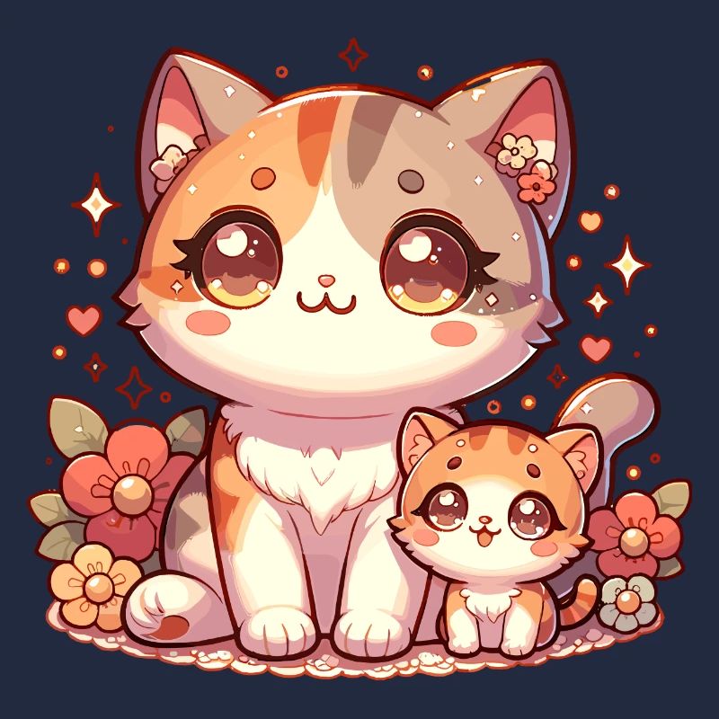 Mignon Chat Famille avec Fleurs - Affectueux