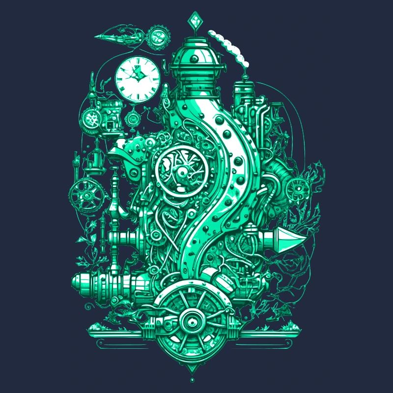 Steampunk steam engine with clockwork and technology