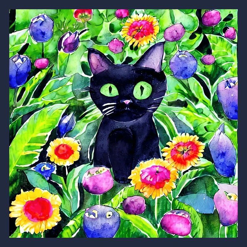 Schwarze Katze sitzt in einem Blumengarten