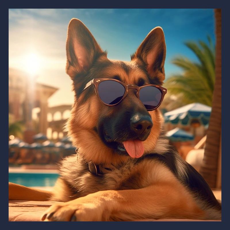 Schäferhund mit Sonnenbrille im Urlaub am Pool