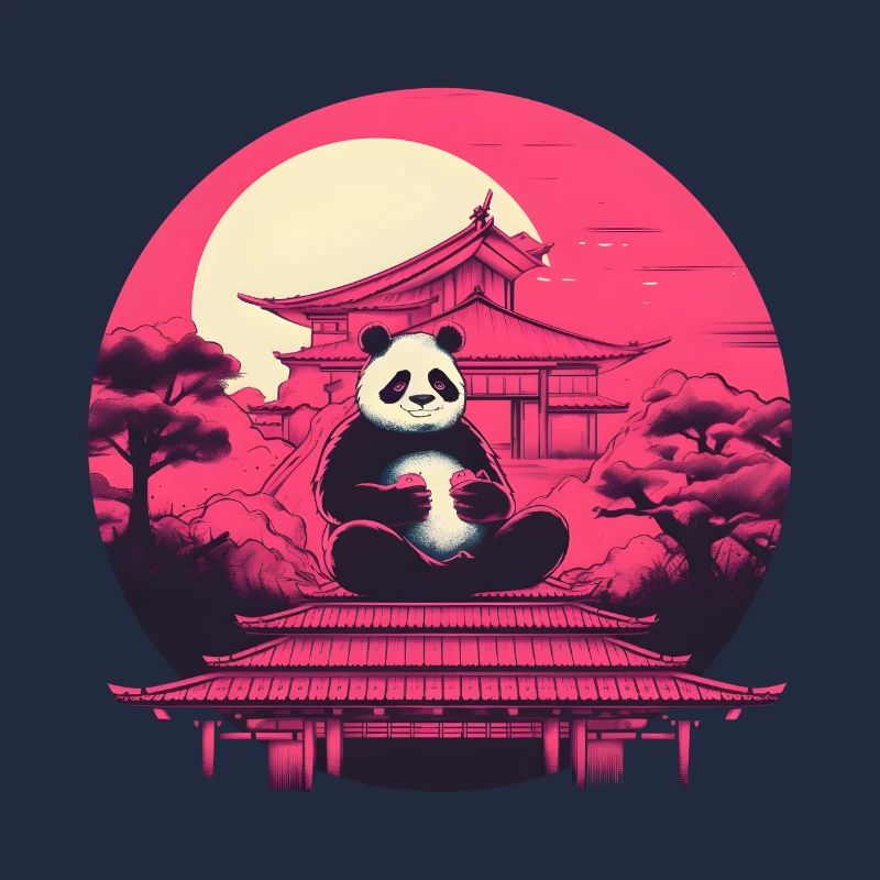 Synthwave mangeant Panda Japon Coucher de soleil