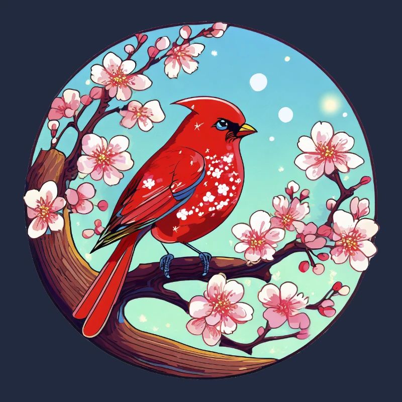 Cardinal rouge sur une branche de cerisier en fleurs