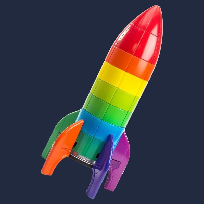 Eine bunte Rakete auf einer geneigten Flugbahn