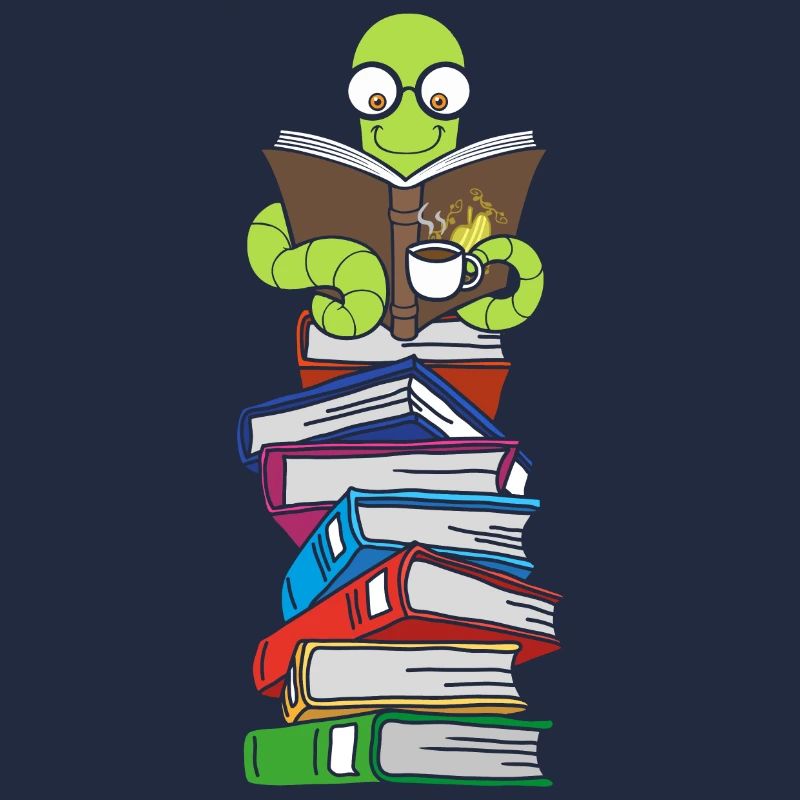 Wurm liest Bücher mit Kaffee