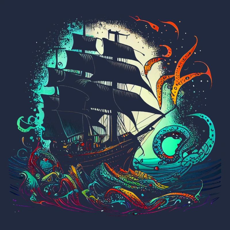 Bateau pirate rétro avec une pieuvre colorée
