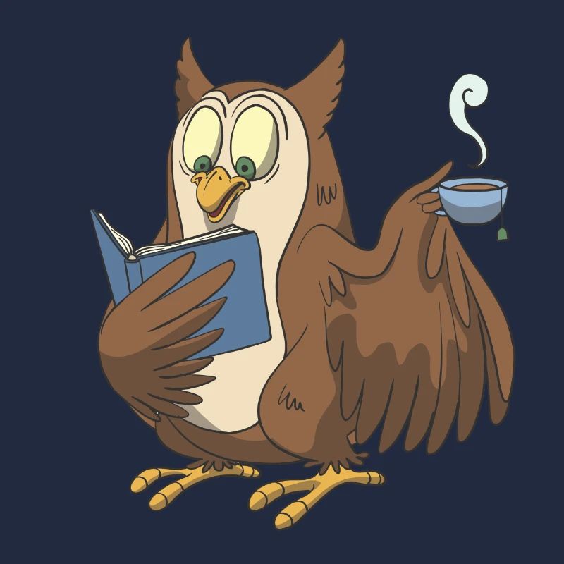 Bücher Eule mit einer Tasse Tee