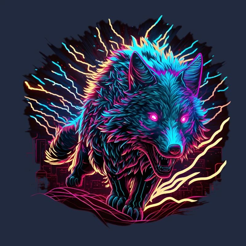 Wolf Neon Illustration Synthwave Art