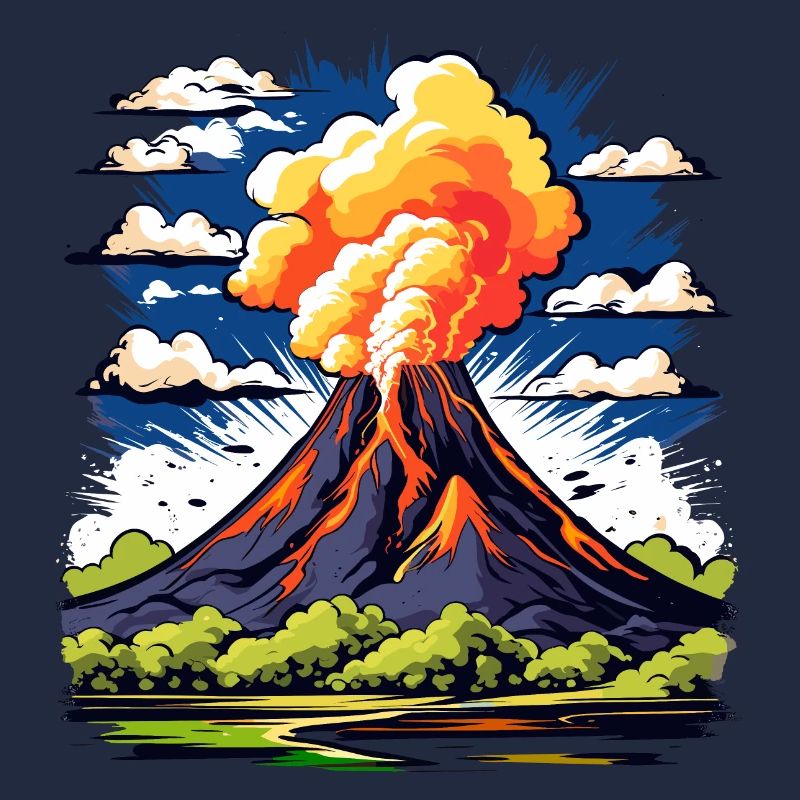 active volcano with ash cloud and lava flows