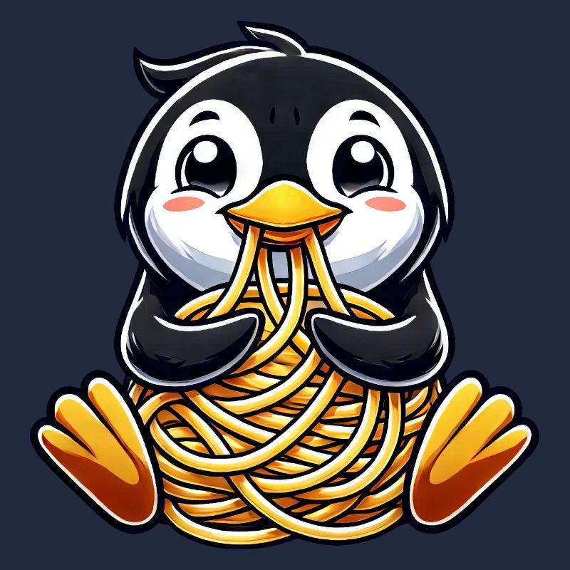 Clumsy penguin eats spaghetti