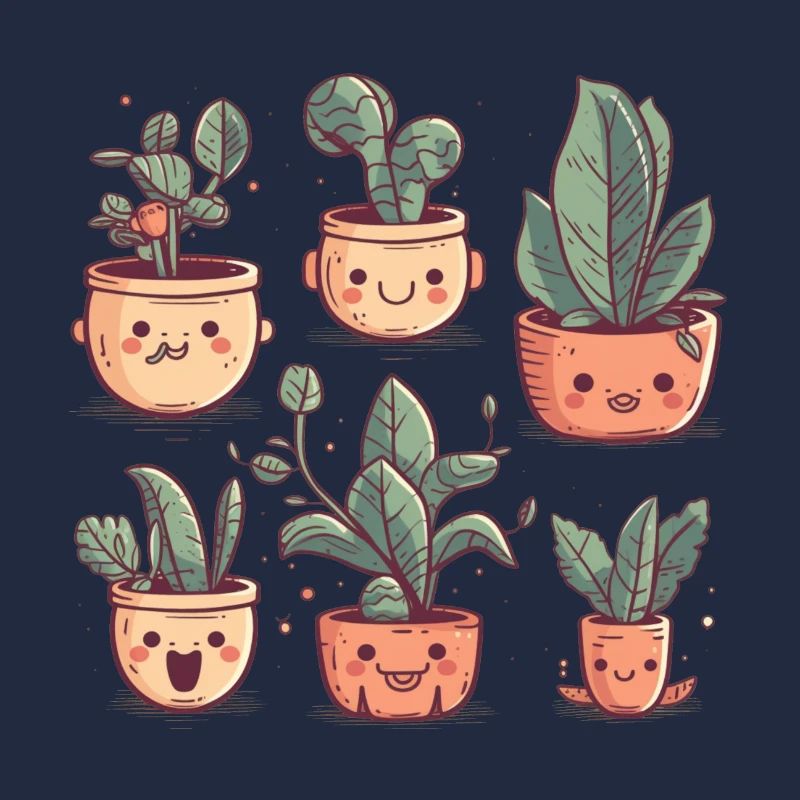 Cute plants as comic in ceramic pots