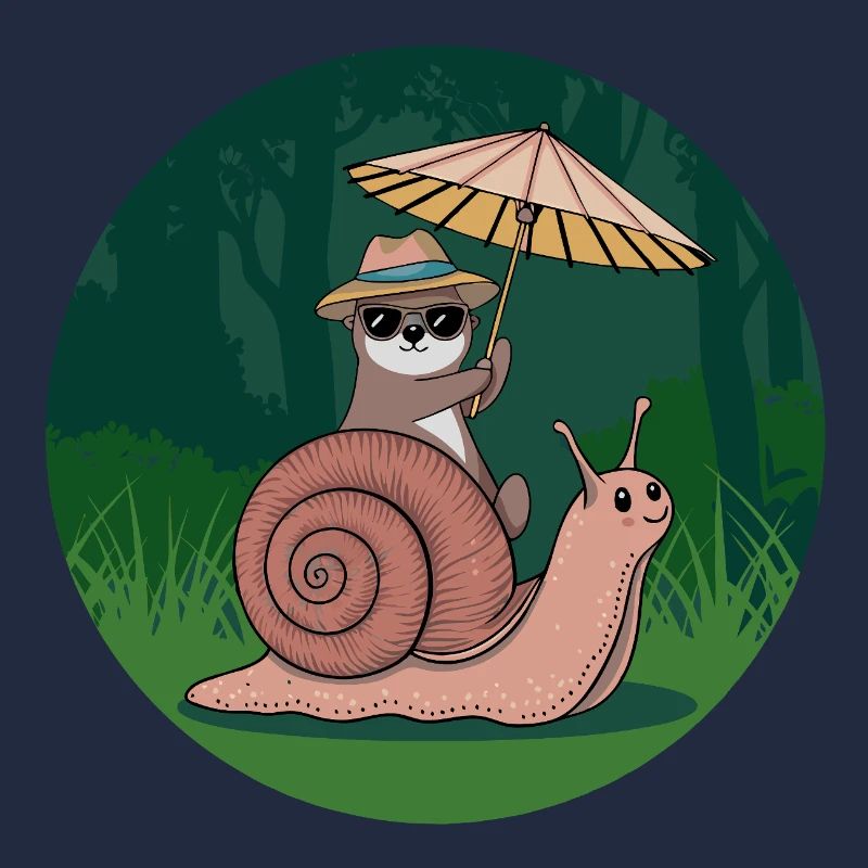 Drôle de loutre avec parasol assis sur l’escargot