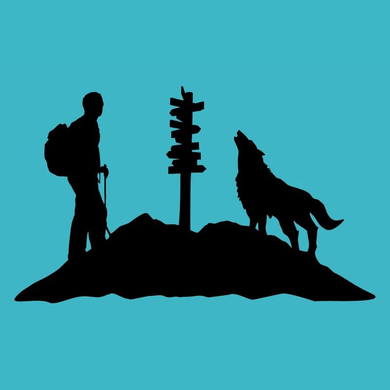 Hiking man, wolf & mountain