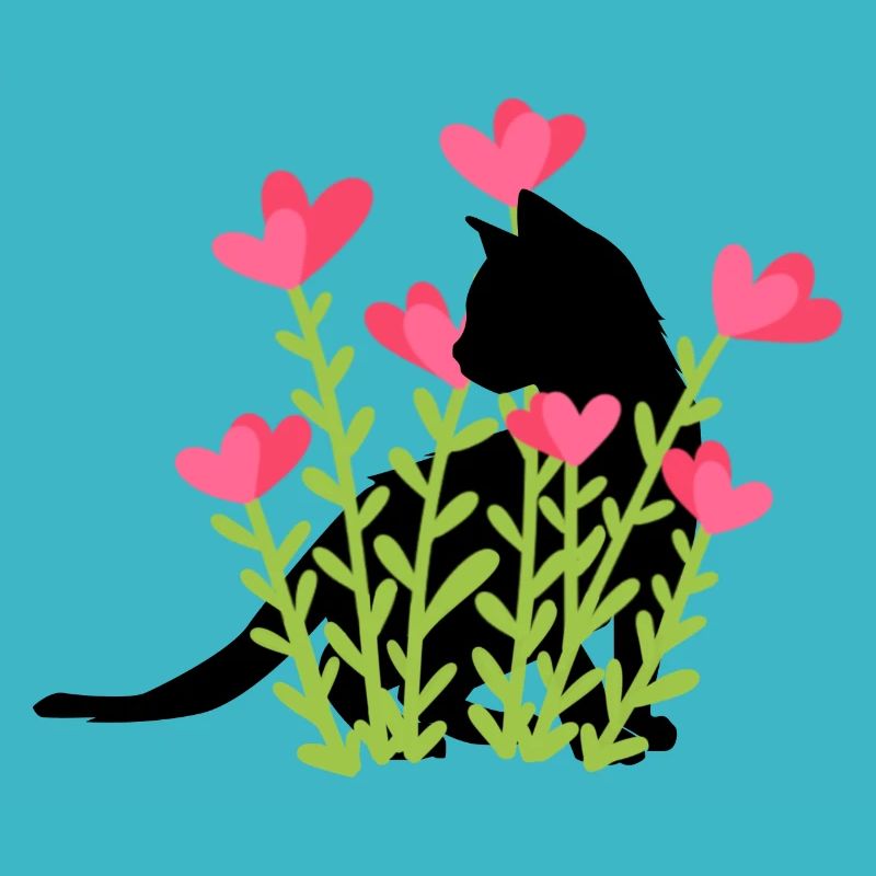 Design de printemps - chat noir dans le parterre de fleurs