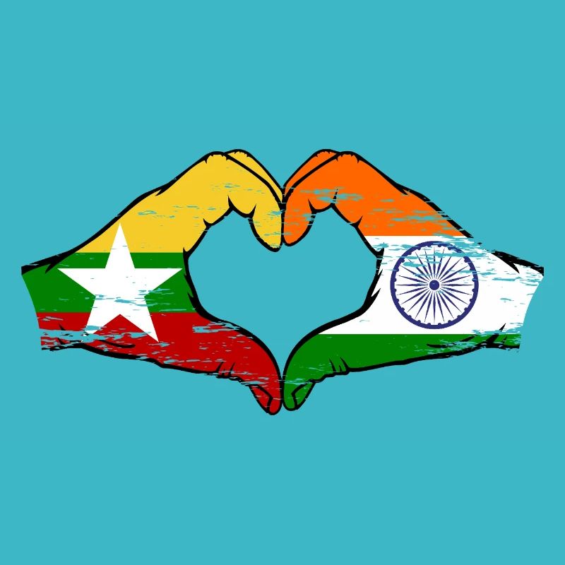 Myanmar Inde drapeau mains forme de coeur utilisé