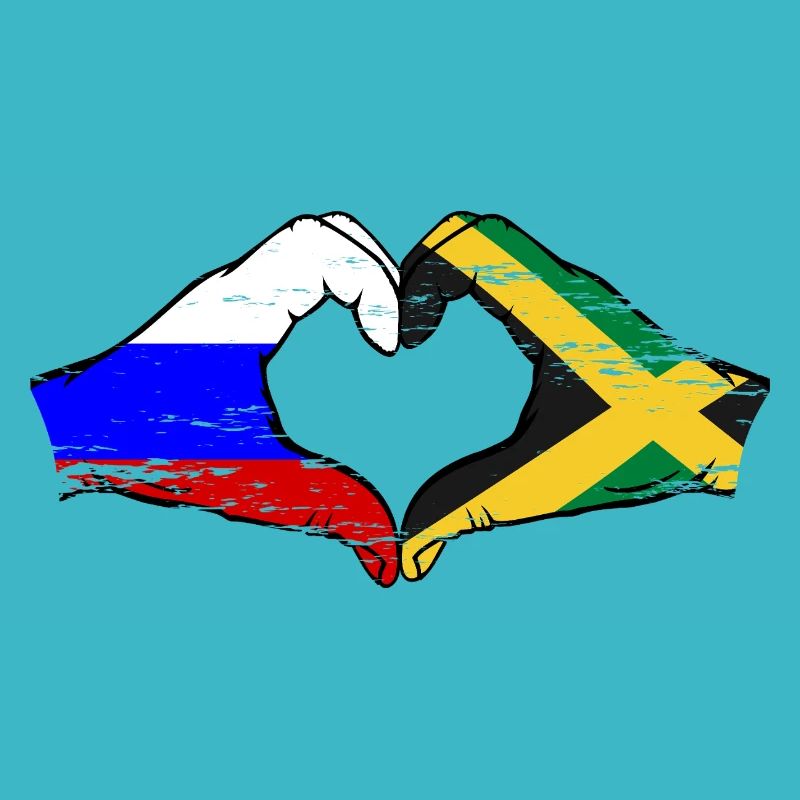 Russie Jamaïque drapeau mains forme de coeur utilisé