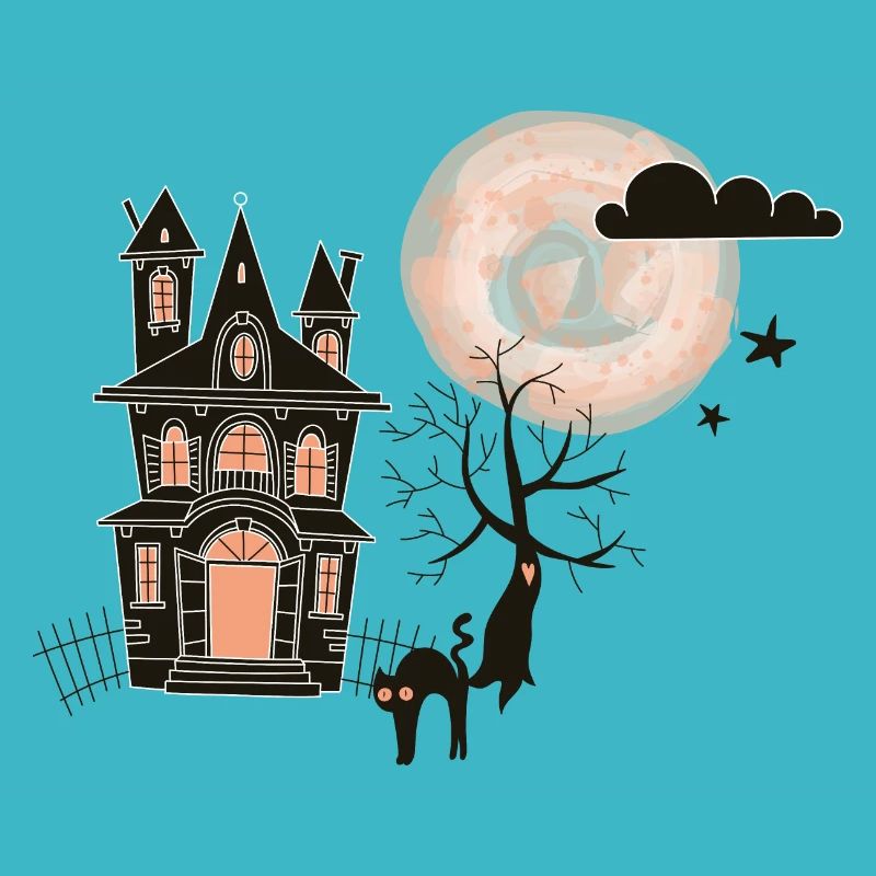 Halloween illustration cat house moon gift