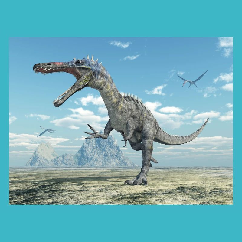 Dinosaurier Suchomimus in einer Landschaft