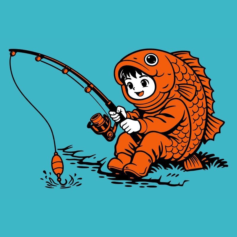 Junge im Fischkostüm angelt