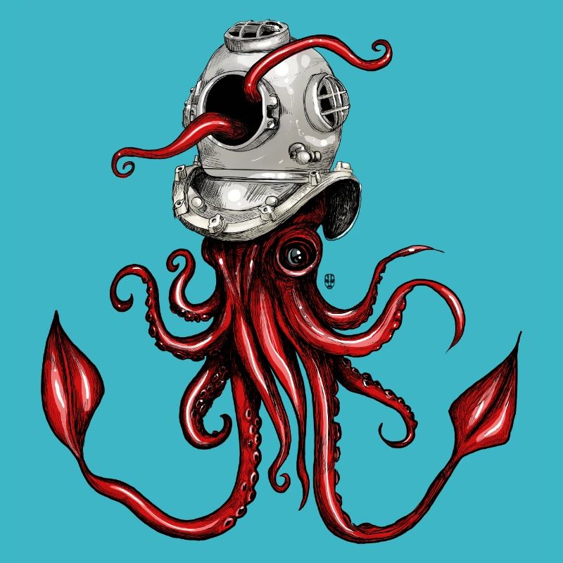 Calamar avec casque de plongée