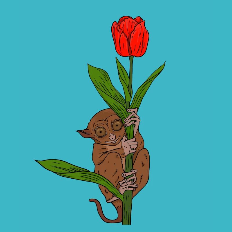 Singe mignon tient à la fleur. Lemprin Lémurien