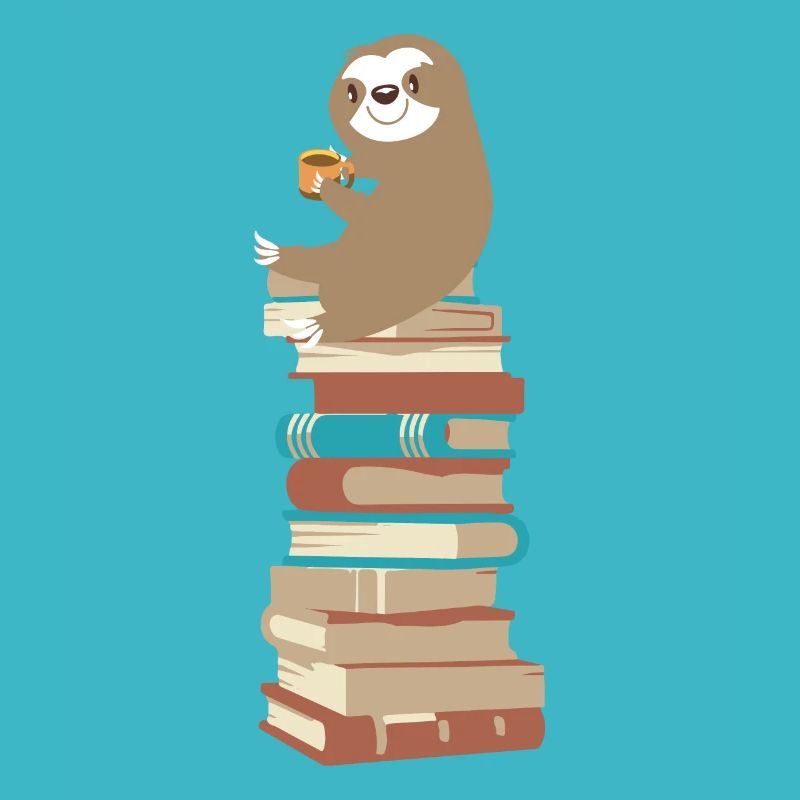 Sloth with coffee on books
