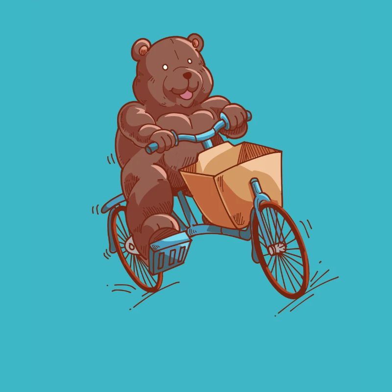 Comic Teddy monte en vélo cargo