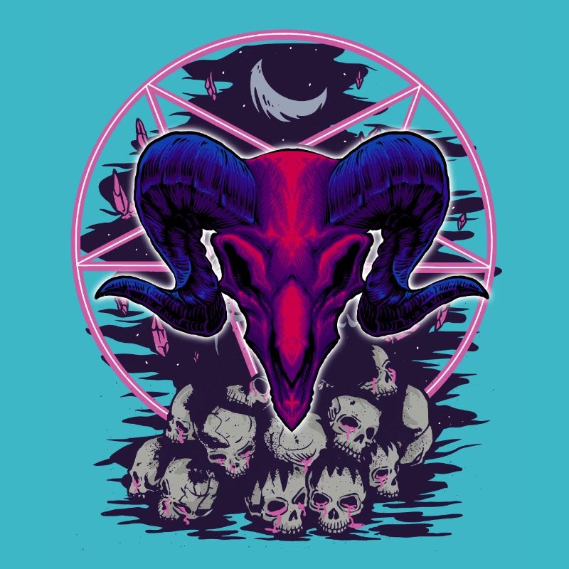 pentagram, goat head devil, on skulls