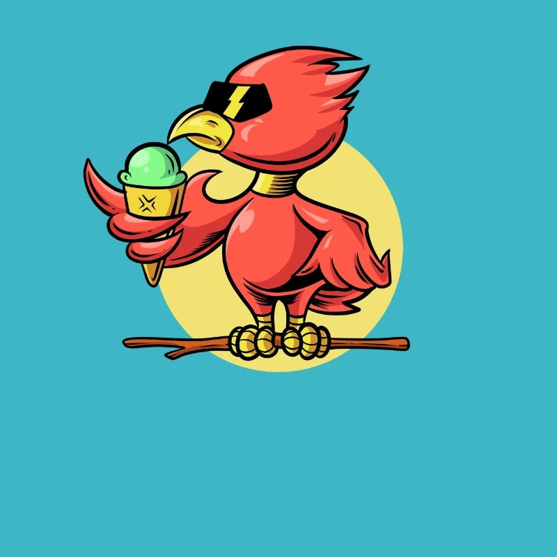 Un oiseau cool mange un cornet de crème glacée