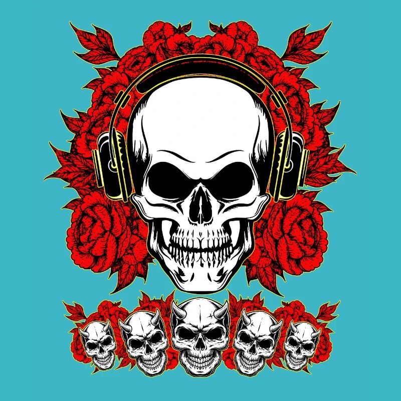 Human Skull hört da Music über Kopfhörer