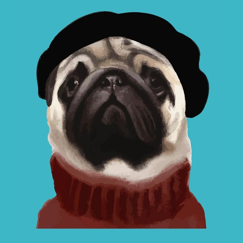Chien carlin avec casquette et pull
