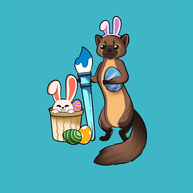Cute ferret paints Easter eggs