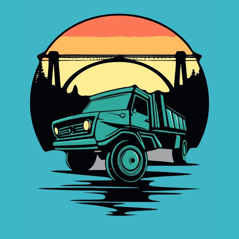 Coucher de soleil, un pont et un camion