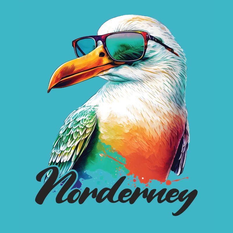 Norderney Urlaub coole bunte Möwe mit Sonnenbrille