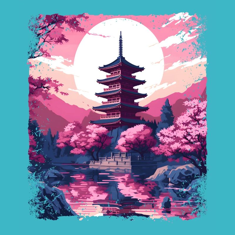 Kirschblüten-Sakura-Baum in einem Vaporwave-Tempel