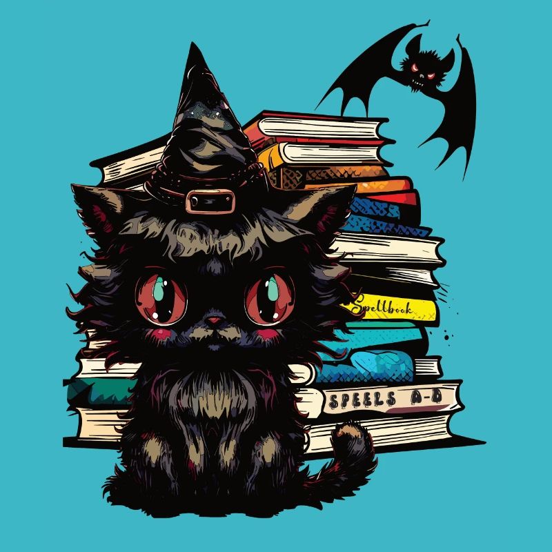 Cat with witch hat, magic books and bat