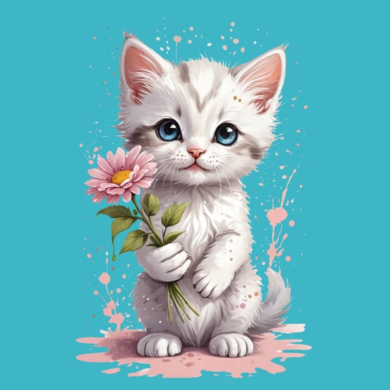 Chaton espiègle avec fleur - Aquarelle