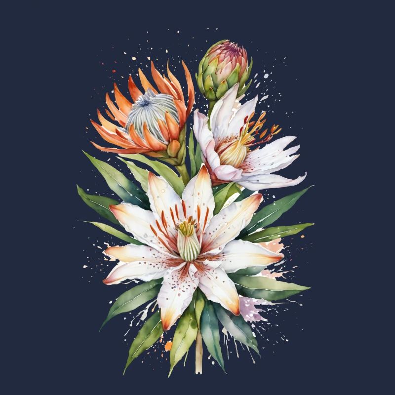 Lys asiatiques et fleurs de Protea Art de l’aquarelle